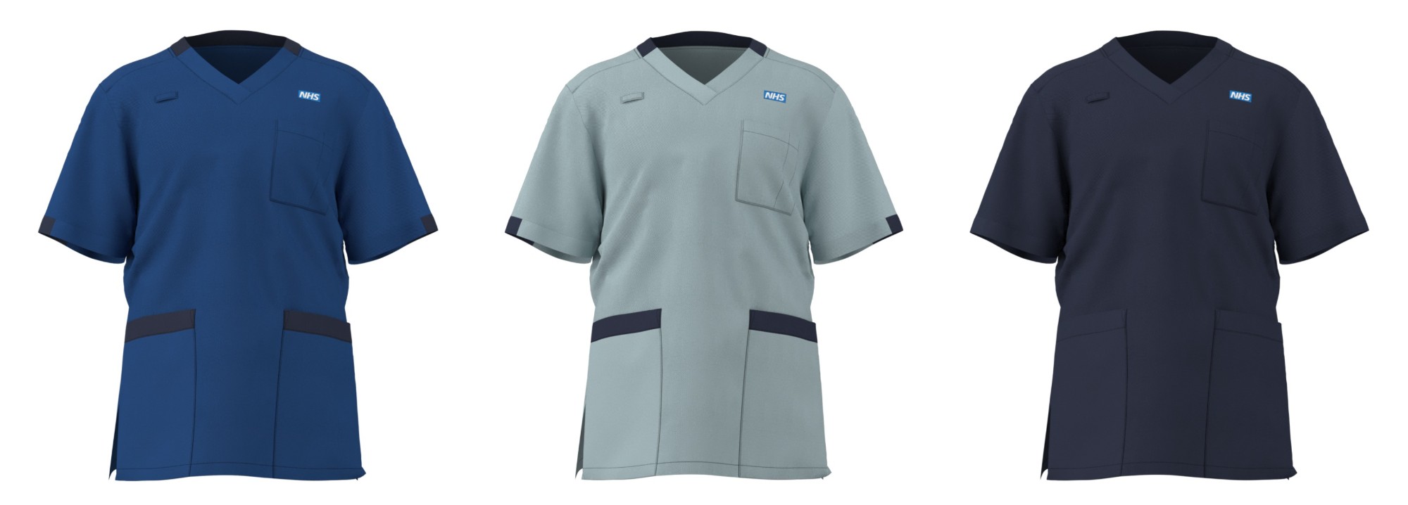 A light blue tunic, which is for nursing associates. A blue tunic with navy trim, which is for registered nurses. A navy tunic, which is for ward managers and team leaders,
