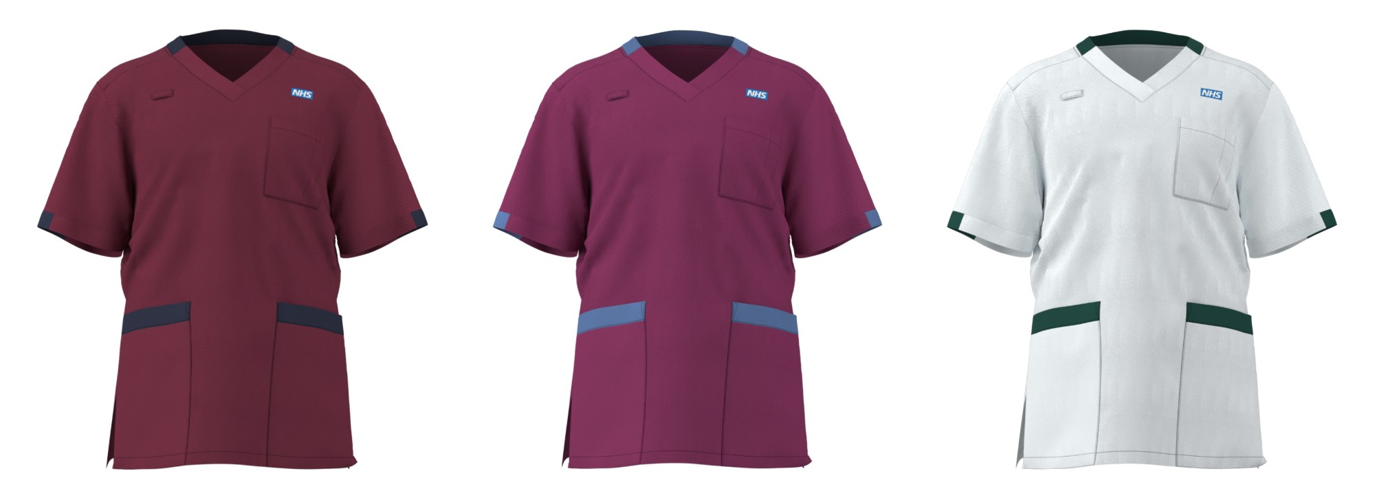 A dark red tunic with navy trim, which is for advanced clinical practitioners. A ruby red tunic with blue trim, for dietitians. A white tunic with dark green trim, for occupational therapists.