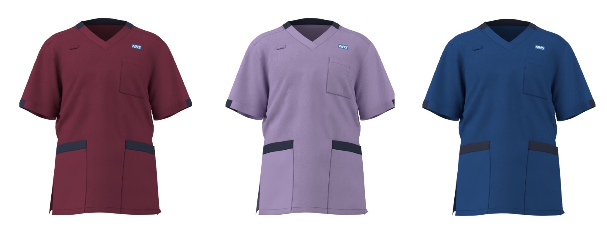 A dark red tunic with dark blue trim, which is for advanced nurse practitioners. A lilac tunic with navy trim, which is for care assistants and support workers. A dark blue tunic with navy trim, which is for charge nurses, ward sisters, specialist nurses.