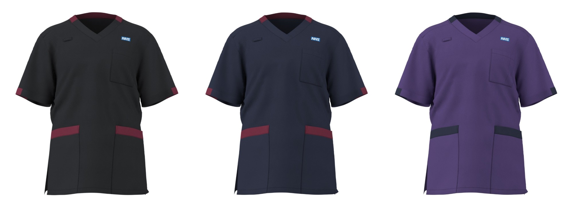 A black tunic with red trim, which is for the chief nurses’ team and heads of department. A navy tunic with dark red trim, which is for clinical nurse specialists. A purple tunic with navy trim, which is for matrons.