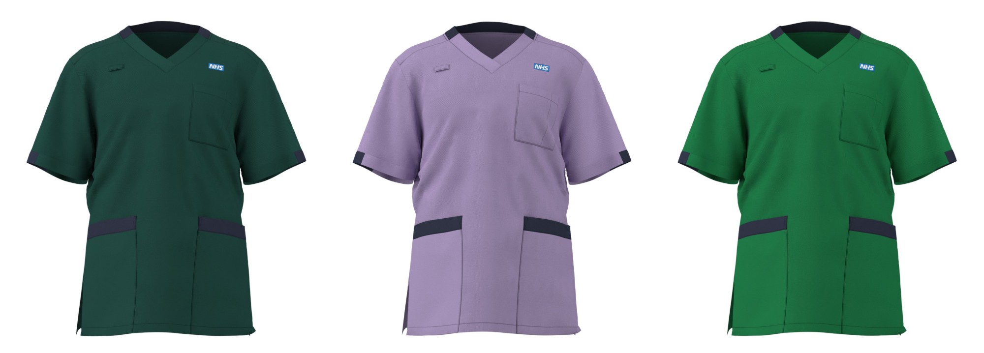Dark green tunic with navy time, for pharmacists. Lilac tunic with navy trim, for pharmacy support assistants. Green tunic with navy trim, for pharmacy technicians.