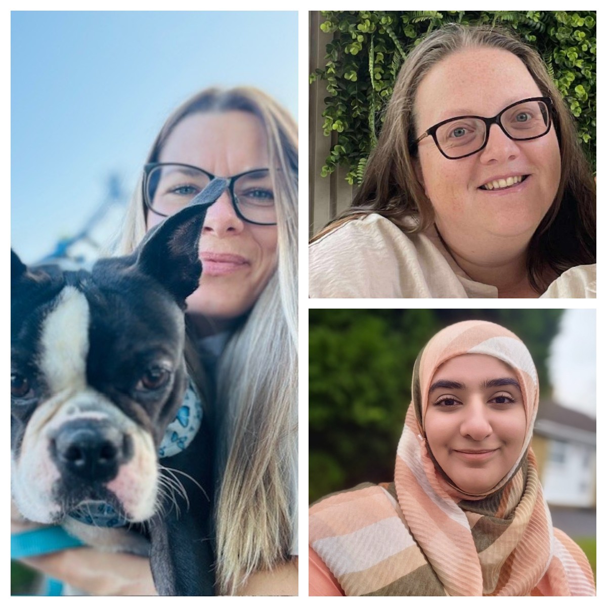 Left is Lisa Simpson with her black and white dog. Top right is senior mental health practitioner Katie El Ouarrat, from Pennine Care. Bottom right is Sanya Amer, Pennine Care mental health wellbeing practitioner