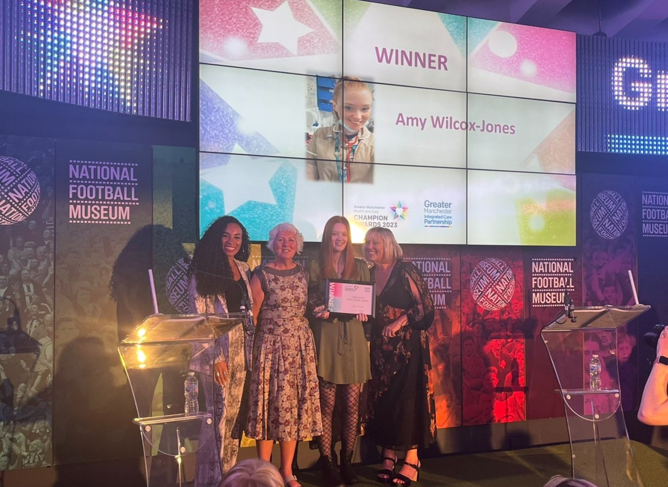 Amy Wilcox-Jones winning the Greater Manchester Health and Care Awards