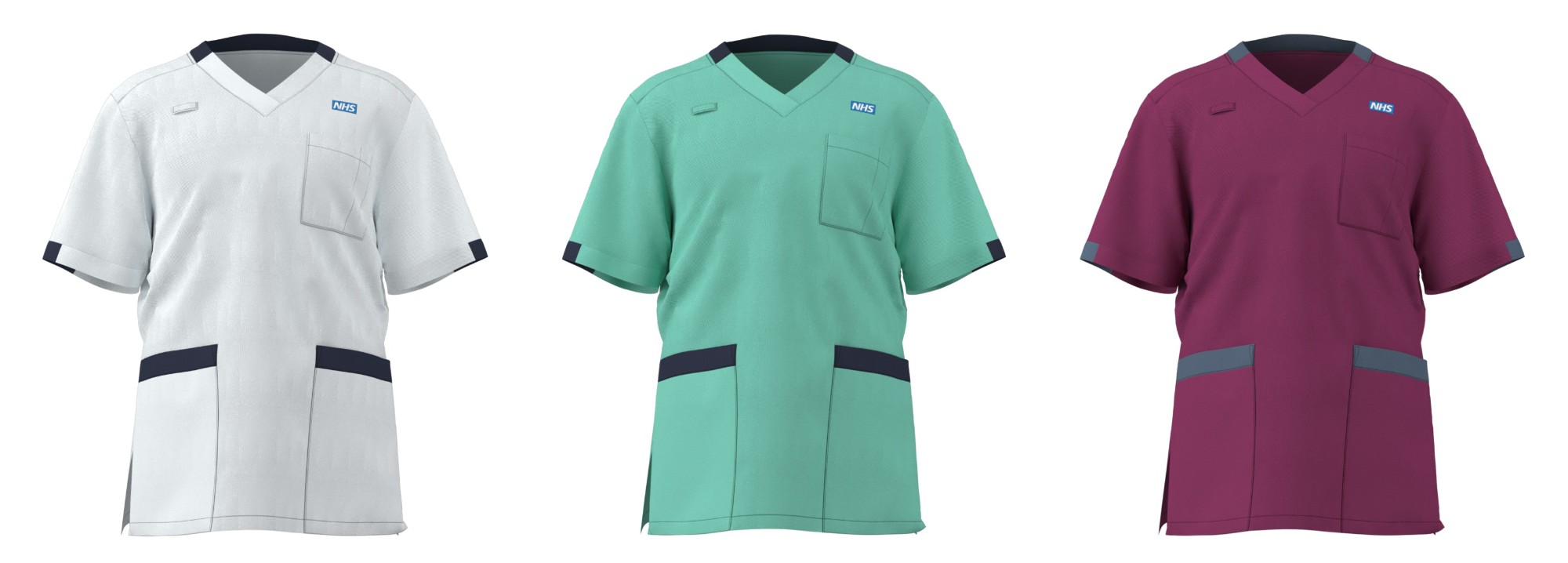 A white tunic with navy trim, for physiotherapists. A sea green tunic with navy trim, for social workers. A ruby red tunic with grey trim, for speech and language therapists.