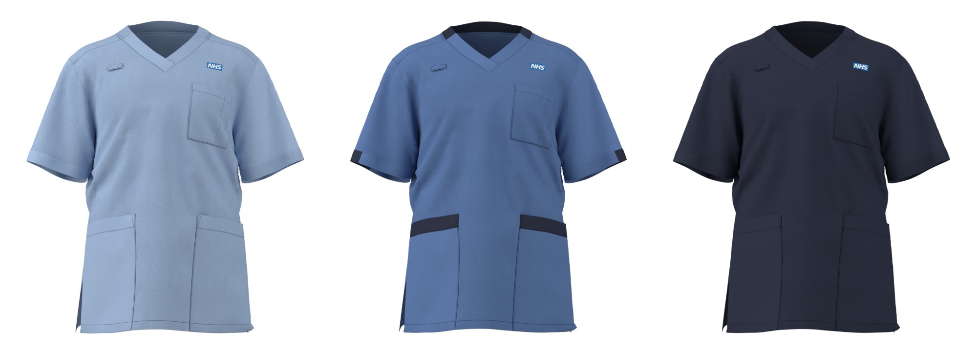 A light blue tunic, which is for nursing associates. A blue tunic with navy trim, which is for registered nurses. A navy tunic, which is for ward managers and team leaders,
