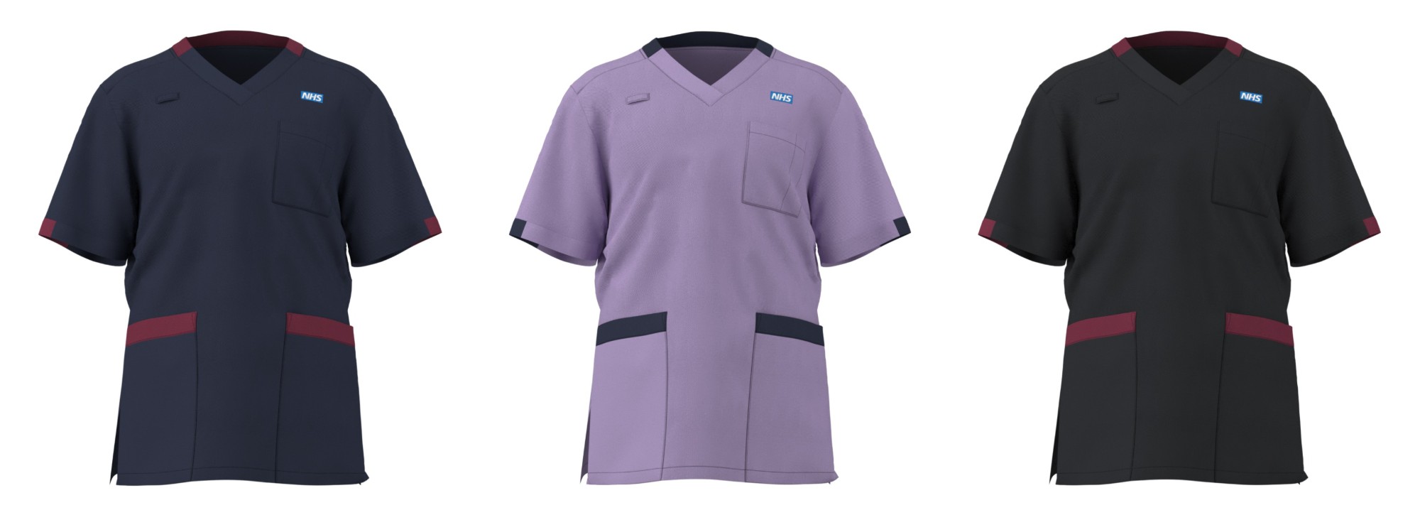 A dark red tunic with dark blue trim, which is for advanced nurse practitioners. A lilac tunic with navy trim, which is for care assistants and support workers. A dark blue tunic with navy trim, which is for charge nurses, ward sisters, specialist nurses.
