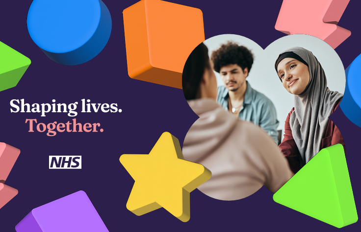 A graphic in the Greater Manchester CAMHS brand. It has lots of shapes and a mental health professional, with the text 'shaping lives together' and an NHS lozenge